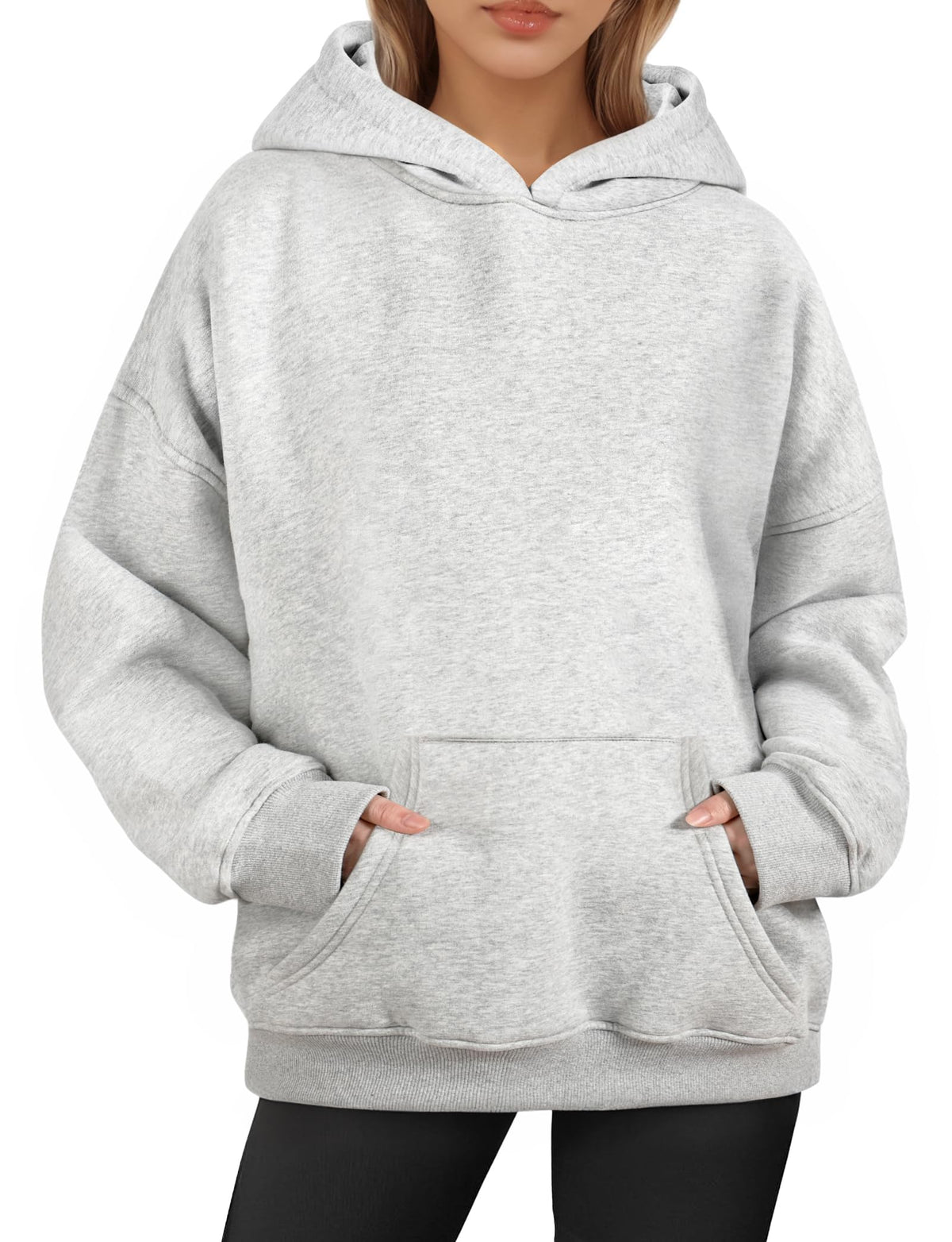 Moletom Oversized ZENUTA para Mulheres com Manga Longa de Fleece e Bolso Pulôver para Outono e Inverno, Cor Cinza Grande
